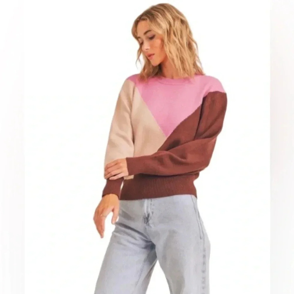 LUSH Women Pink Cognac Supersoft Geo Colorblock Crewneck Jumper Sweater Size S